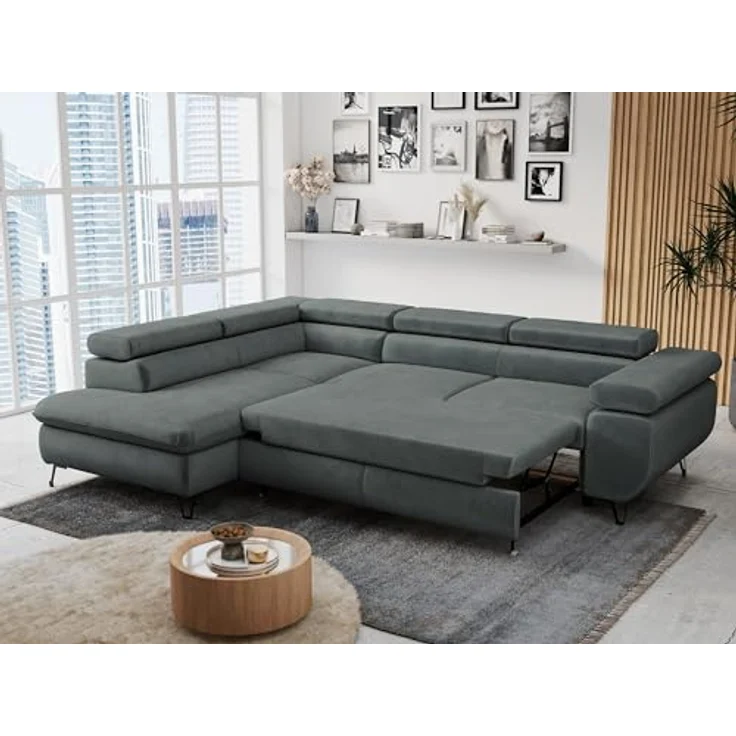 Mks Möbel 'Peter L-form' Ecksofa mit Bettfunktion, Bettkasten & einstellbaren Kopfstützen, Dunkelgrau, Mikrofaser, links – Bild 6