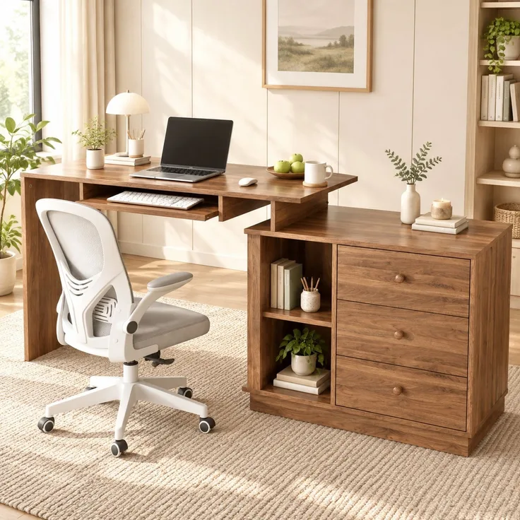 Schreibtisch 110x40x75,5 cm mit ausziehbarer Platte, Tastaturauszug und 3 Schubladen, Walnussholzdekor