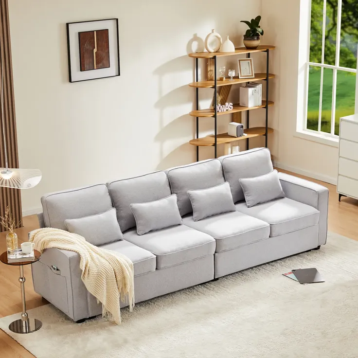 Big-Sofa, 264 cm, 4-Sitzer inkl. loser Zier- und Rückenkissen, Leinen Bezug, Polstersofa, Wohnzimmersofa