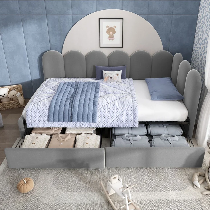 Tagesbett, Samt mit 2 Schubladen & Lattenrost, 90x190 cm, Grau, ohne Matratze – Bild 2