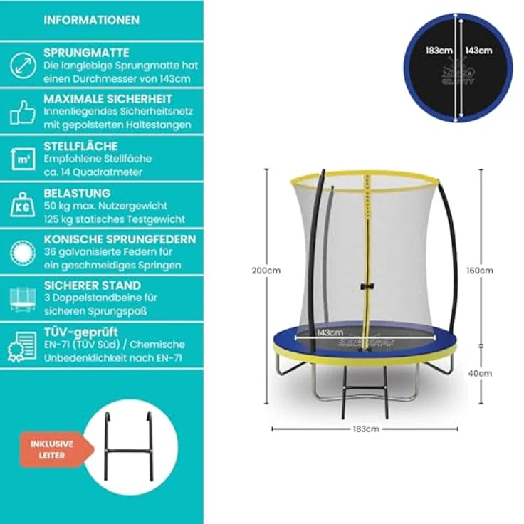 Ultima 4 Zero Gravity Trampolin Ø 183 cm, inkl. Leiter und Sicherheitsnetz, TÜV geprüft, für Nutzer bis 50 kg – Bild 5