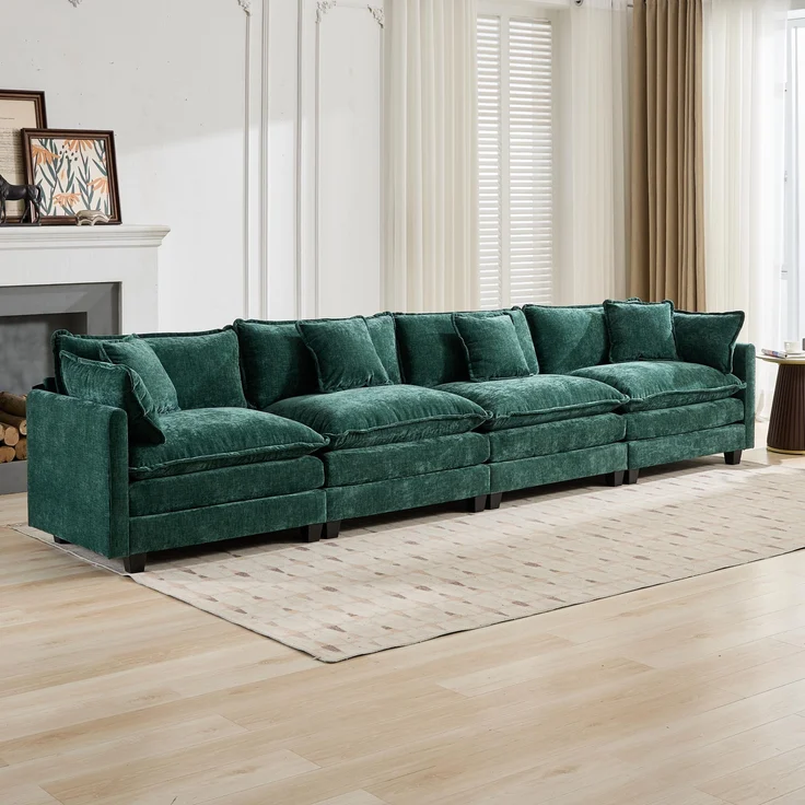 Cloud-Sofa 4 Sitzplätze (ohne Stuhlschläger),moderne Kombinationssofa geeignet für das Wohnzimmer Schlafzimmer und Wohnung bequeme Doppel-Kissenkissen atmungsfreier 80% Schneier Stoff,Schneier Stoff,grün, – Bild 1