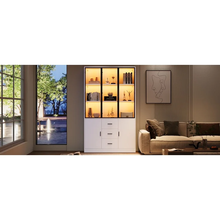 ZUBALIYA Vitrine mit Glasschrank Tür und LED-Licht, Vitrinenschrank Glasvitrine mit MultiStorage Bücherregal, Highboard Sammlervitrine mit Griff, 3 Schubladen & Türen, Wohnzimmerschrank, Weiß – Bild 21