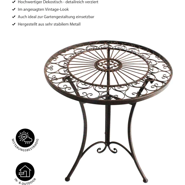 Dehner Gartentisch Antik, Balkontisch wetterfest, Dekotisch Indoor / Outdoor, ca. Ø 61 cm Höhe 72 cm, Eisen, dunkelbraun – Bild 2