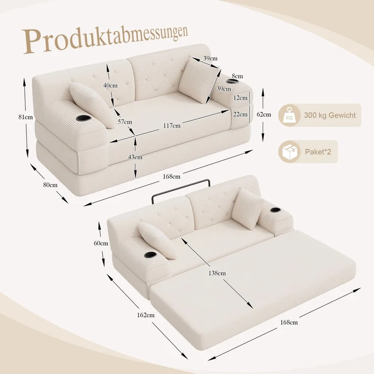 TavilaEcon 2-Sitzer Schlafsofa, komprimiertes Cord Sofa mit hoher Rückenlehne beige 81 × 80 × 168 cm (H × T × B) – Bild 2