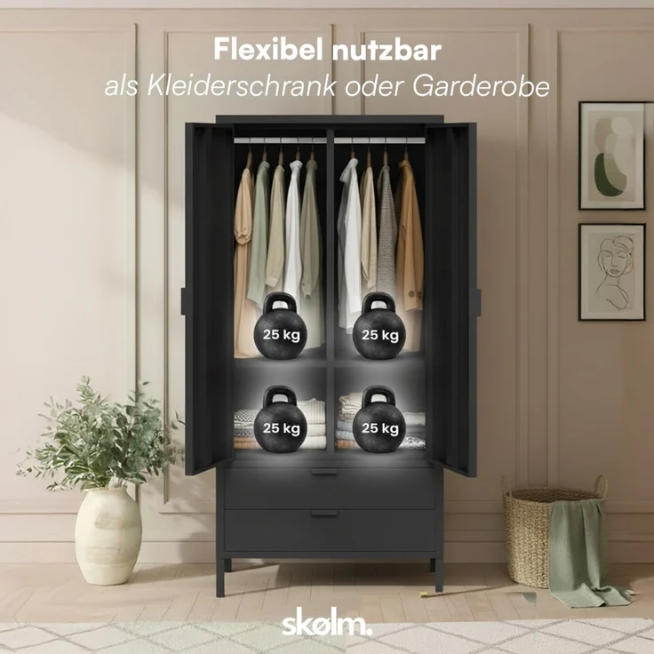 skølm 'Ituri' Kleiderschrank mit 2 Schubladen, Metall, 170x45x80 cm, schwarz, Garderobe mit 4 Fächern und 2 Kleiderstangen – Bild 6