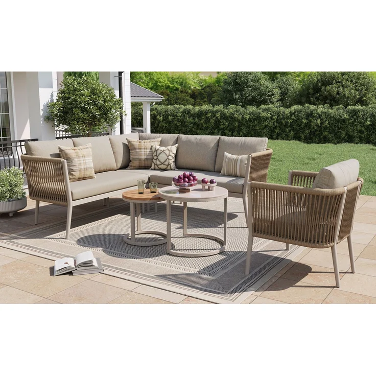 Merax Gartenlounge-Set für 5-6 Personen, 6-Sitzer Gartenmöbel-Set Sitzgruppe mit 2 stapelbaren Couchtische, Beige – Bild 3