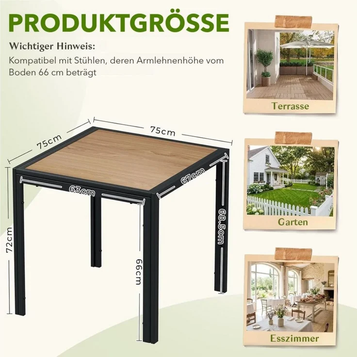 TLGREEN Gartentisch 75×75×72 cm, DPC Balkontisch, (Quadratischer Terrassentisch mit Metallgestell), Rutschfester Esstisch Outdoor für Kleinen Balkon – Bild 3
