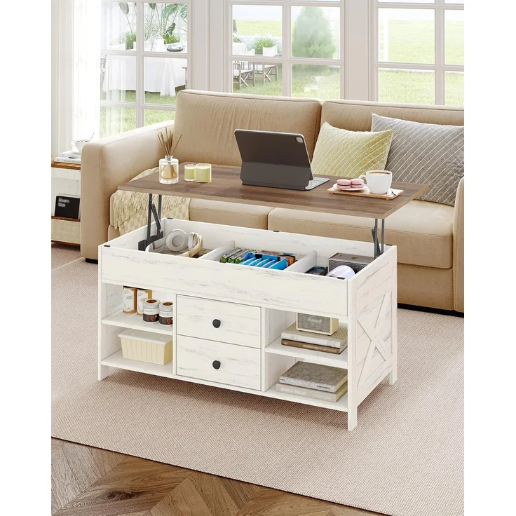 Couchtisch, höhenverstellbar, 2 Schubladen und Versteckter Stauraum, Weiß-Braun, 50 x 100 x 47,3-61,3 cm – Bild 7