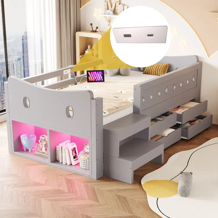 Kinderbett 90×200 cm mit Sicherheitsgittern, Stauraum und LED, Grau, ohne Matratze
