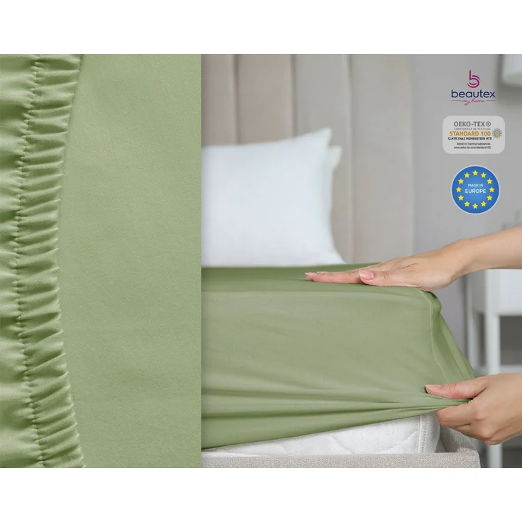 Beautex Spannbettlaken, Gummizug: rundum, (1 Stück), gekämmte Baumwolle Premium Jersey, 160g/m², Olivgrün, Topper - 90x200x15 cm