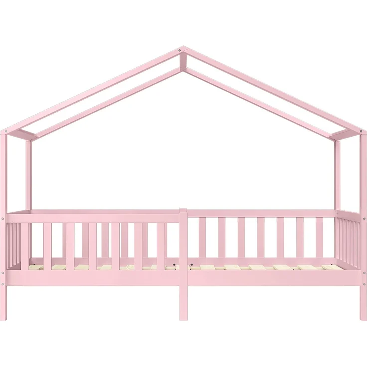 Bellabino 'Bia' Hausbett 90x200 cm mit Matratze, rosa, Kiefer Massivholz, Bodenbett in Hausoptik, Montessori Kinderbett mit Rausfallschutz und Lattenrost – Bild 11