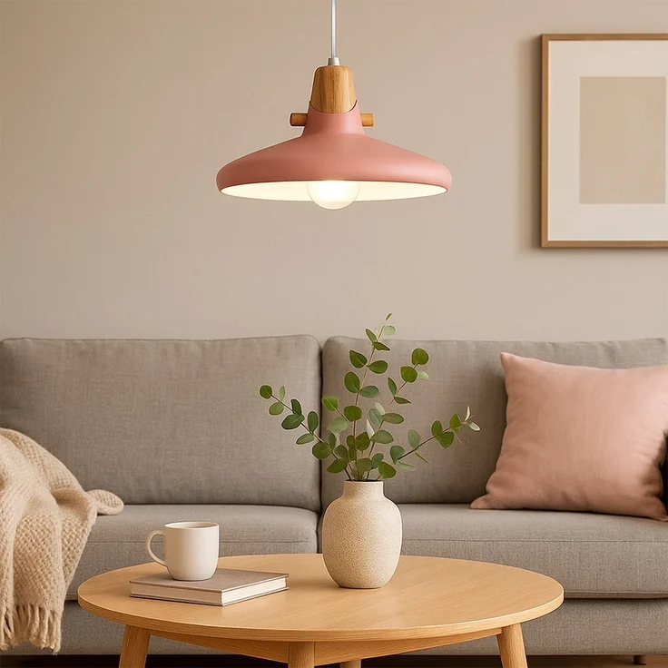 Hängeleuchte, pink, Metall, Holzoptik, H 150 cm – Bild 3