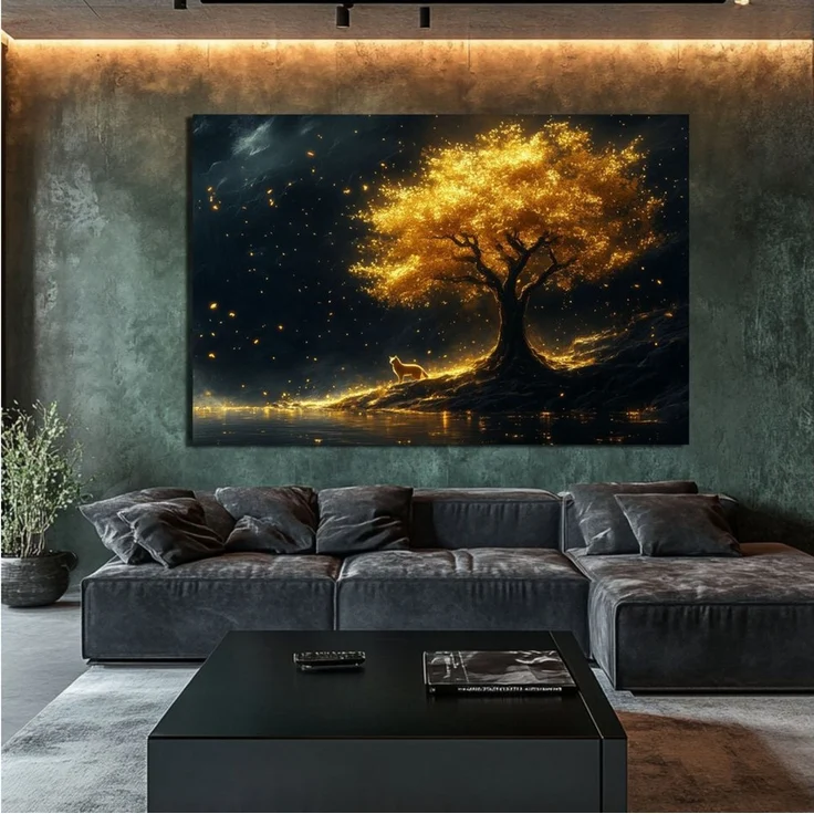 DARO Design Leinwandbild Modern Abstrakt Wandbilder XXL Wandbild Wand Deko Leinwand Bilder, (Katze am goldenen Baum - Bild groß Wohnzimmer Esszimmer Schlafzimmer Küche Einteilig Querformat Fotodruck Leinwände Wanddeko Abstrakte Kunst Boho), 30x20 cm – Bild 2