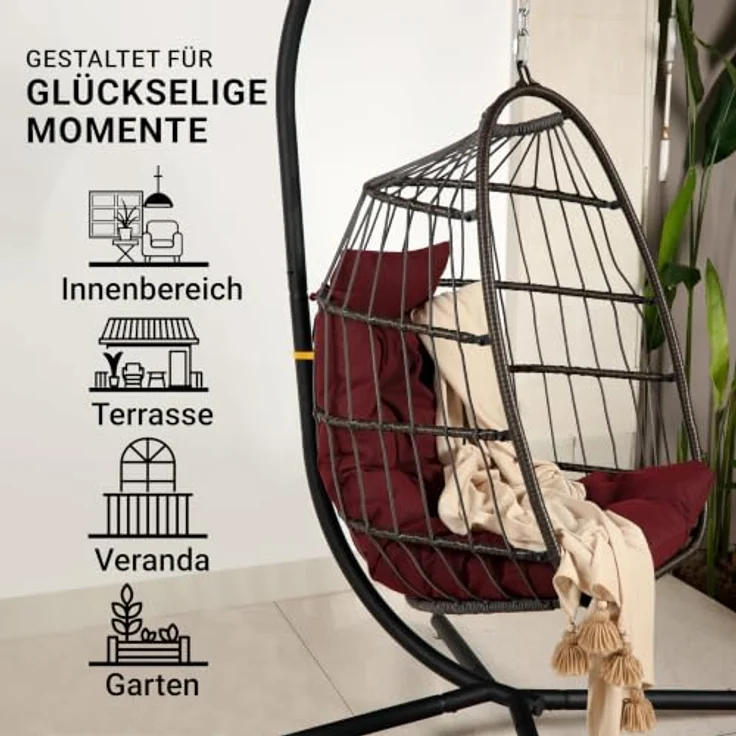 SereneLife Hängesessel mit Gestell Outdoor 250 kg – Wetterfest mit Kissen faltbar für Garten Balkon Indoor Relaxsessel Rot – Bild 5