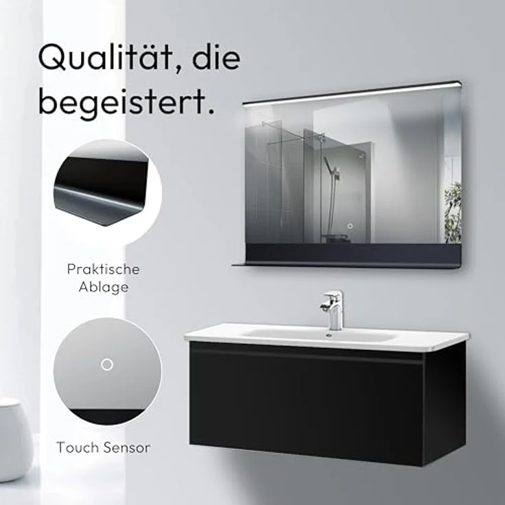 Talos Badspiegel Black Home, 80 x 60 cm mit energiesparender LED Beleuchtung, spritzwassergeschützt IP44 und praktischer Ablage – Bild 3