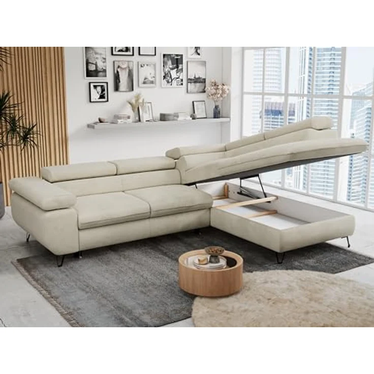 Mks Möbel 'Peter L-form' Ecksofa mit Bettfunktion, Bettkasten & einstellbaren Kopfstützen, Beige, Velours, rechts – Bild 5