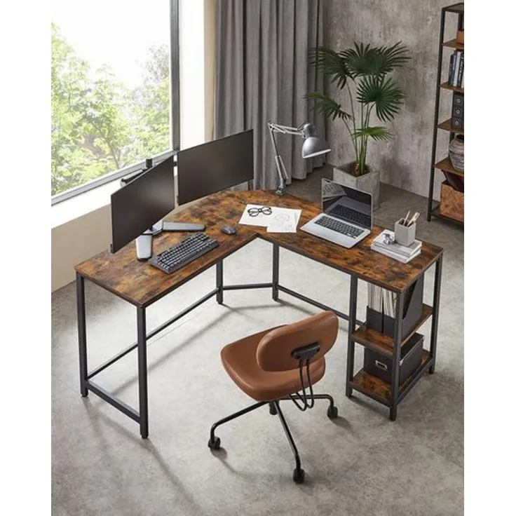 VASAGLE L-förmiger Eckschreibtisch mit 2 Ablagen, Industrie-Design, Vintagebraun/Schwarz, 138x138x76cm