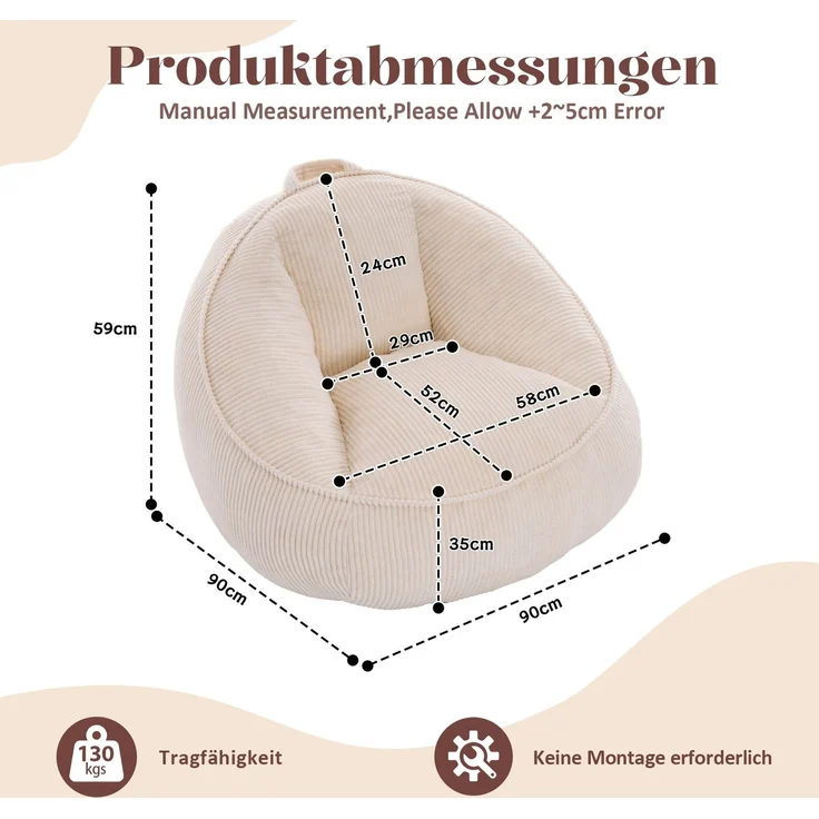 Sitzsack 90cm×90cm×59cm mit ergonomischer Rückenlehne und Memory-Schaum-Füllung – Bild 3