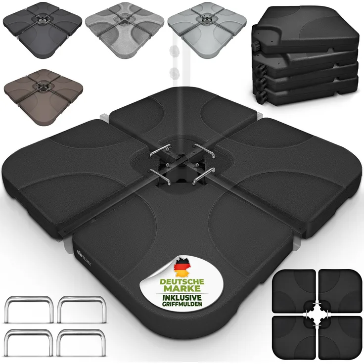 tillvex® Sonnenschirmständer Grau 60 Liter / 80 kg – 4-teilig für Ampelschirm inkl. Metallverbinder | Schirmgewicht befüllbar mit Wasser oder Sand | Schirmständer Ampelschirmständer wetterfest