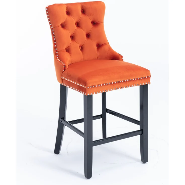 Contemporary Velvet Upholstered Barstools with Button Tufted Decoration and Wooden Legs, and Chrome Nailhead Trim, Leisure Style Bar Chairs,Bar stools, Set of 2 (Orange),DE2002OG--Orange--60x50x103cm--YOUDENOVA – Bild 4