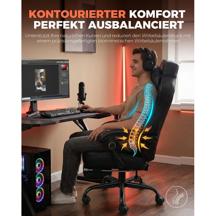 GTPLAYER Gaming Stuhl mit Fußstütze, Ergonomischer Bürostuhl 180kg, Schwerlast Gaming Sessel mit Lendenwirbelstütze und Kopfstütze, Höhenverstellbarer Computerstuhl, Gepolstert, neigbare 155°, schwarz – Bild 4
