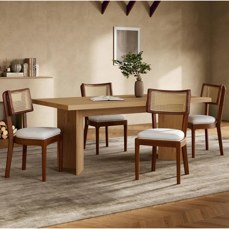 Esszimmerstühle 2er-Set 88cm×50cm×58cm aus Massivholz und Rattan – mit Leinenkissen, Walnuss – Bild 6