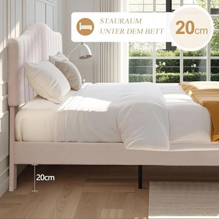 Polsterbett 140x200 cm Doppelbett, Bettgestell aus Teddy-Stoff mit höhenverstellbarem Kopfteil und Lattenrost aus Massivholz, 20 cm Stauraum unter dem Bett, modern, geräuscharm, beige – Bild 6