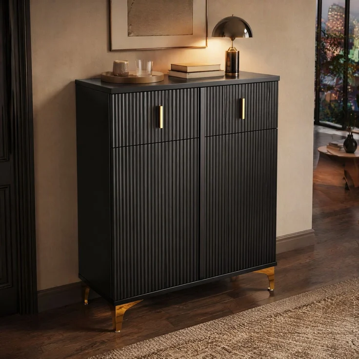DESVIAE Sideboard mit 2 Schubladen und verstellbaren Einlegeböden, 83x101x35 cm, Spanplatte, Schwarz – Bild 1