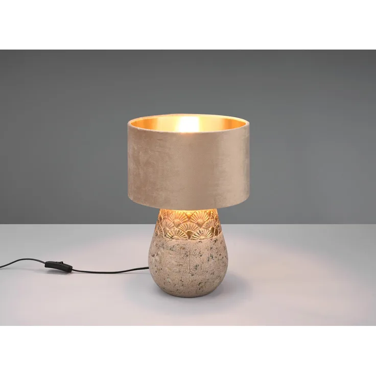 LED Tischleuchte Keramikfuß Grau mit Samtschirm Beige Gold, Höhe 38cm