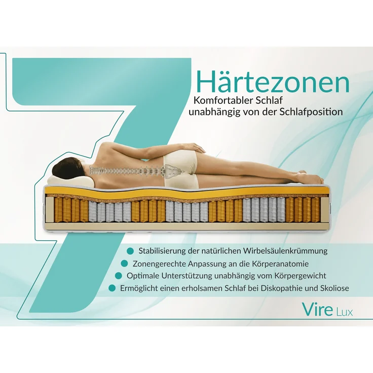 Wendbare Taschenfederkernmatratze H3/H4 – 7 Zonen, abnehmbarer waschbarer Bezug, für Allergiker geeignet, Pocket-Matratze - 90 x 200 cm - VIRE - LUX – Bild 4