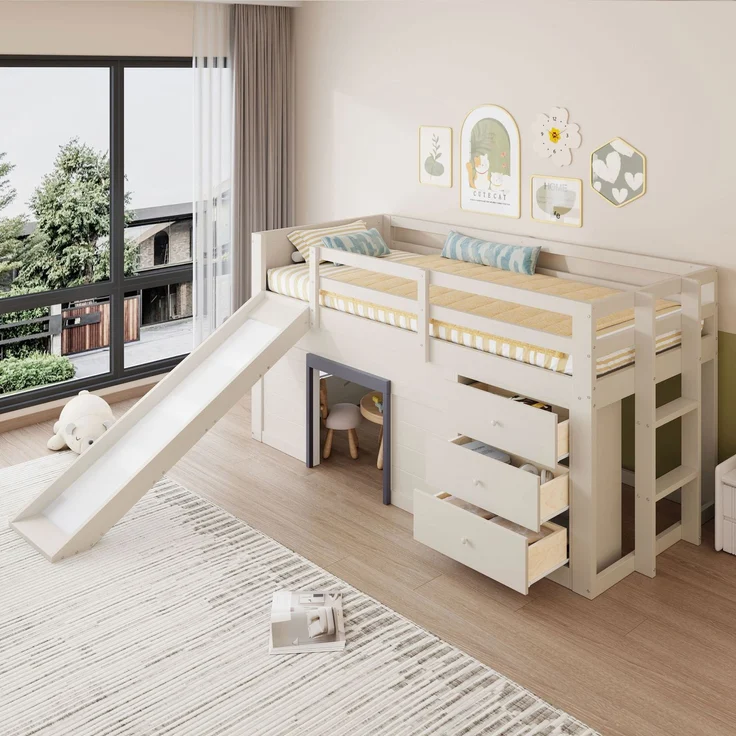 Merax Etagenbett Hochbett 90x200cm mit Rutsche, Kinderbett Hausbett mit 3 Schubladen, mit Rausfallschutz und Lattenrost, Stockbett Creme – Bild 3