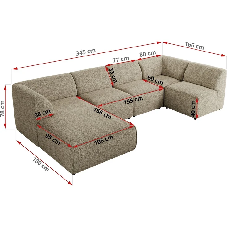Modulares XXL-Ecksofa MODARO 5M, U-Form, Wohnlandschaft, 5-teilig, freistehend, Wohnzimmer Couch, HR-Schaumstoff - Taupe Stukture - Rechts – Bild 6