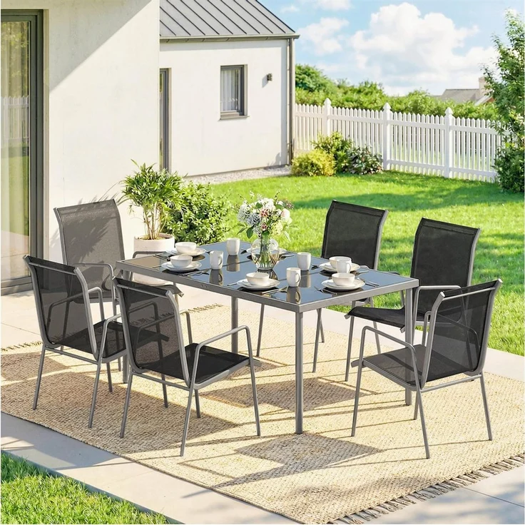 Outsunny Garten-Essgruppe mit 6 Atmungsaktiven Stühlen, Sicherheitsglas Tischplatte, (Gartenset, 7-tlg, Gartenmöbel Set), für Garten Balkon Terrasse Schwarz – Bild 5