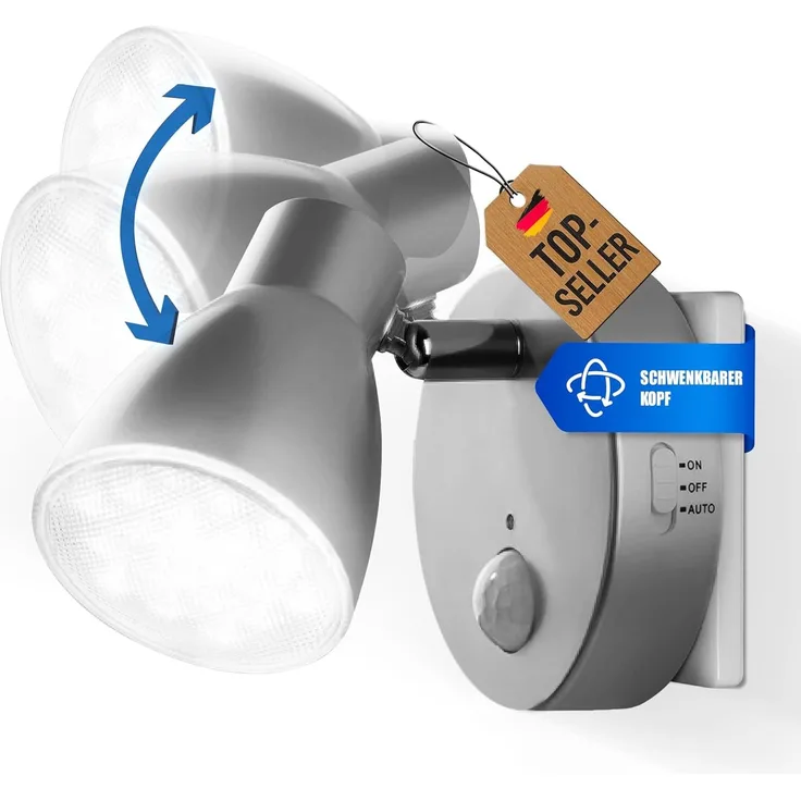 TRANGO LED Nachtlicht, Bewegungsmelder, 2635-014 LED Sensor Steckdosenlampe *MILO* mit Automatikfunktion in Silber Sicherheitslicht 230V, Wandlampe, Orientierungslicht, Nachtlampe, Steckdosenlicht