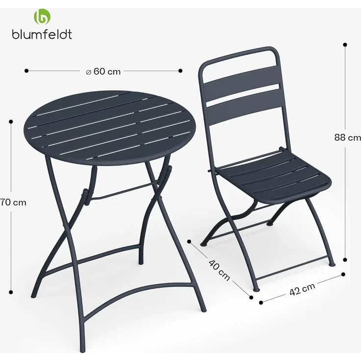 Blumfeldt Bistrotisch Mit Stühlen – 60 cm Rund Klappbar, Wetterfester Stahl, Outdoor-Set, Platzsparend, Ideal Für Garten, Balkon, Terrasse, Modernes Design, 2 Stühle Inklusive – Bild 2