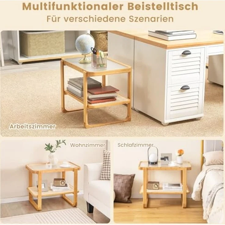 COSTWAY Beistelltisch, Couchtisch mit abnehmbarer Glasplatte und Rattanablage, Kaffeetisch mit Gestell aus Bambus, Nachttisch 70,5 x 44,5 x 54,5 cm – Bild 7