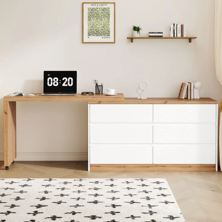 ZUBALIYA Schreibtisch mit feststellbaren Rollen – multifunktionales Design, 4 cm dickere, drehbare Tischplatte, fest arretierbar, weiß/Eiche, Faltbarer Schreibtisch, Eckschreibtisch, Sideboard,Dicke Materialie – Modell N880P4642189O – Bild 4