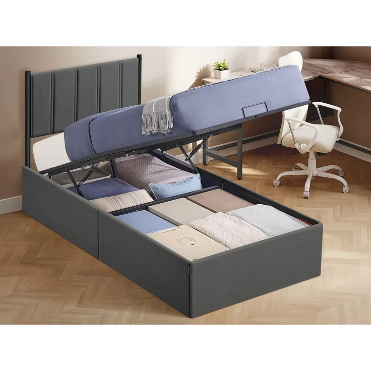 VASAGLE Bett, klappbar Lattenrost, Unterbettaufbewahrung, Kopfteil, Hydrauliksystem, dunkelgrau, 90x200 cm