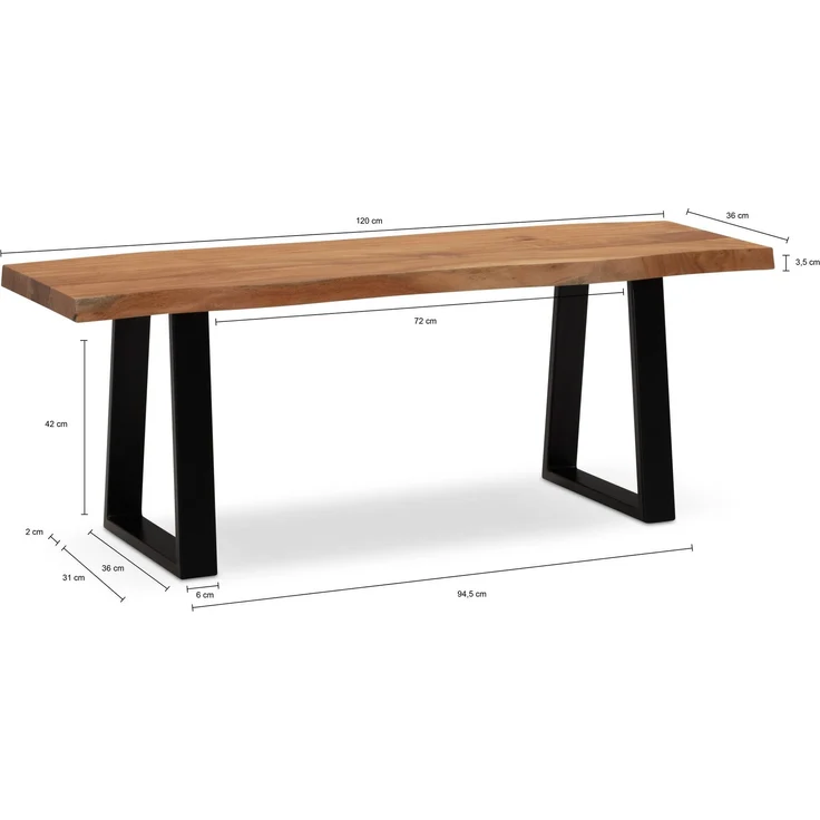 Garderobenbank 120x40x45,5cm Akazie Massivholz Baumkante Metall Trapezbeine Schwarz – Bild 4