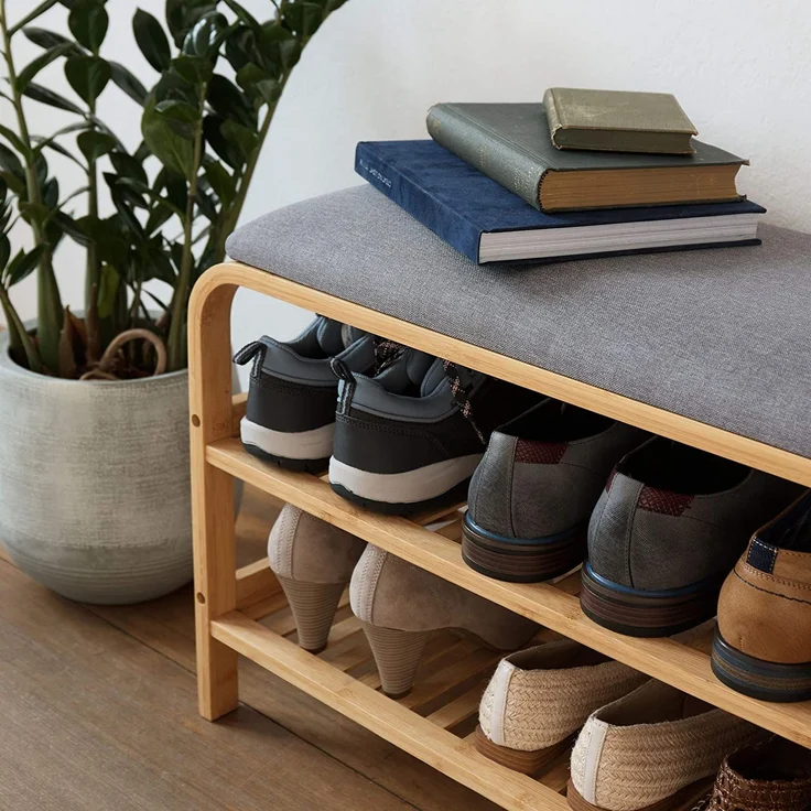 AD. CON Bambus Schuhregal, Schuhregal aus Bambus mit Sitzbank, Schuhbank mit Sitzkissen, Sitzbank 70x30x46 cm Grau – Bild 8