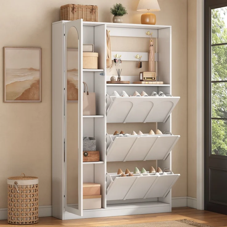 Flieks Garderobenschrank 100 x 24 x 164 cm mit Spiegel, 3 Schuhklappen, Zinkhaken, MDF und griffloser Front, Weiß – Bild 2