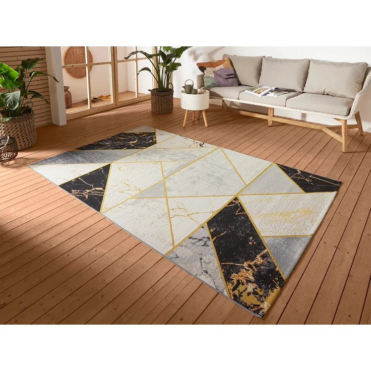 Hanse Home Noble In- & Outdoor Teppich – Flachgewebe Skandi Marmor Optik Geometrisches Muster, ÖKO-TEX Wetterfest & UV-beständig für Wohnzimmer, Balkon, Terrasse, Garten – Schwarz Grau Gold, 200x285 cm