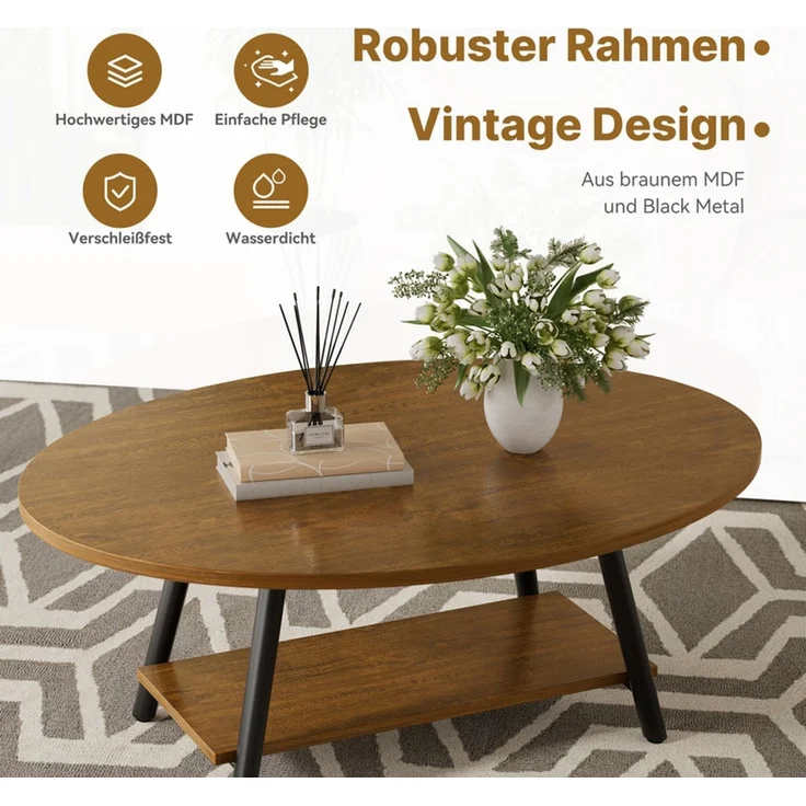 Hawthyhome Runder Beistelltisch 2-stöckiger Couchtisch mit Stauraum, ovale Tischplatte, Massivholz & Metallrahmen, moderner Industriestil, wasserdicht & verschleißfest, schnelle Montage, für Wohnzimmer & Schlafzimmer, Gelb – Bild 5