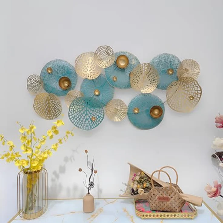 3D Wandbild "Lotus" aus Metall in gold / türkis, 125x60 cm, Wanddeko, Wandschmuck – Bild 2