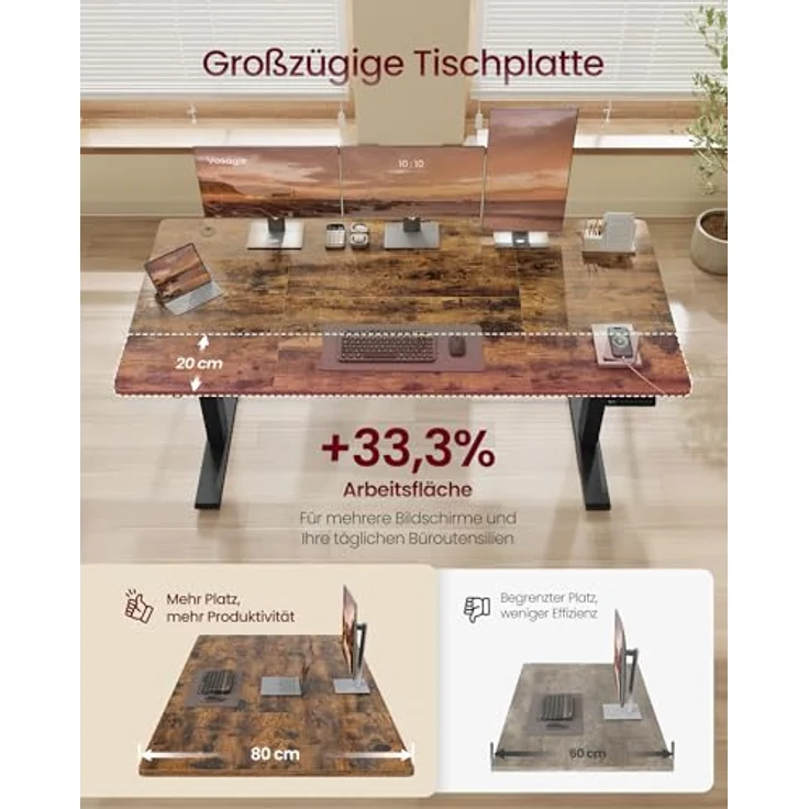 VASAGLE Höhenverstellbarer Schreibtisch, 160x80 cm, USB-C-Anschluss, Ablage für Steckdosenleiste, Stehtisch, Erinnerung bei langem Sitzen, 3 Speichertasten, für Büro, vintagebraun LSD146KD02 – Bild 5