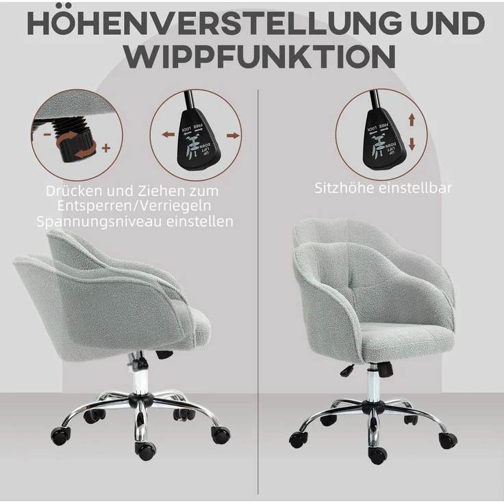MELAYR, Homeoffice Stuhl, Ergonomisch Schreibtischstuhl mit Wippfunktion, Teddysamtoptik 56 x 61 x 86 cm Grau – Bild 6