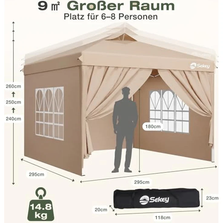 Sekey Pop Up Pavillon Wasserdicht Stabil Winterfest mit Seitenwänden, Faltpavillon 3 x 3 m, Camping Pavillion Faltbar Partyzelt mit Belüftung, Designer Serie 3x3, (Beige, 3x3 Mit Seitenwänden) – Bild 8