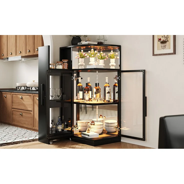ZUBALIYA Ausziehbare Glasvitrine 64×42×112 cm mit LED-Beleuchtung, Vitrine mit doppelseitigem ESG-Glas, ausziehbarer Seitenschrank,Vitrine,Sammlervitrine, Weinschrank, Küchenschrank, Schwarz – Bild 15