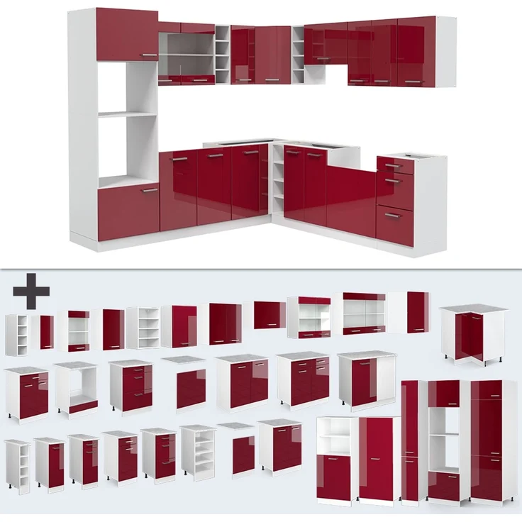 Eckküche R-Line Rot Hochglanz/Weiß 247 x 237 cm, AP Marmor Vicco – Bild 6